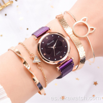 Conjunto de 5 uds de relojes de moda para Mujer, Reloj de pulsera de cuarzo con hebilla magnética de lujo con diamantes de imitación para Mujer, Reloj de pulsera de cuarzo para Mujer